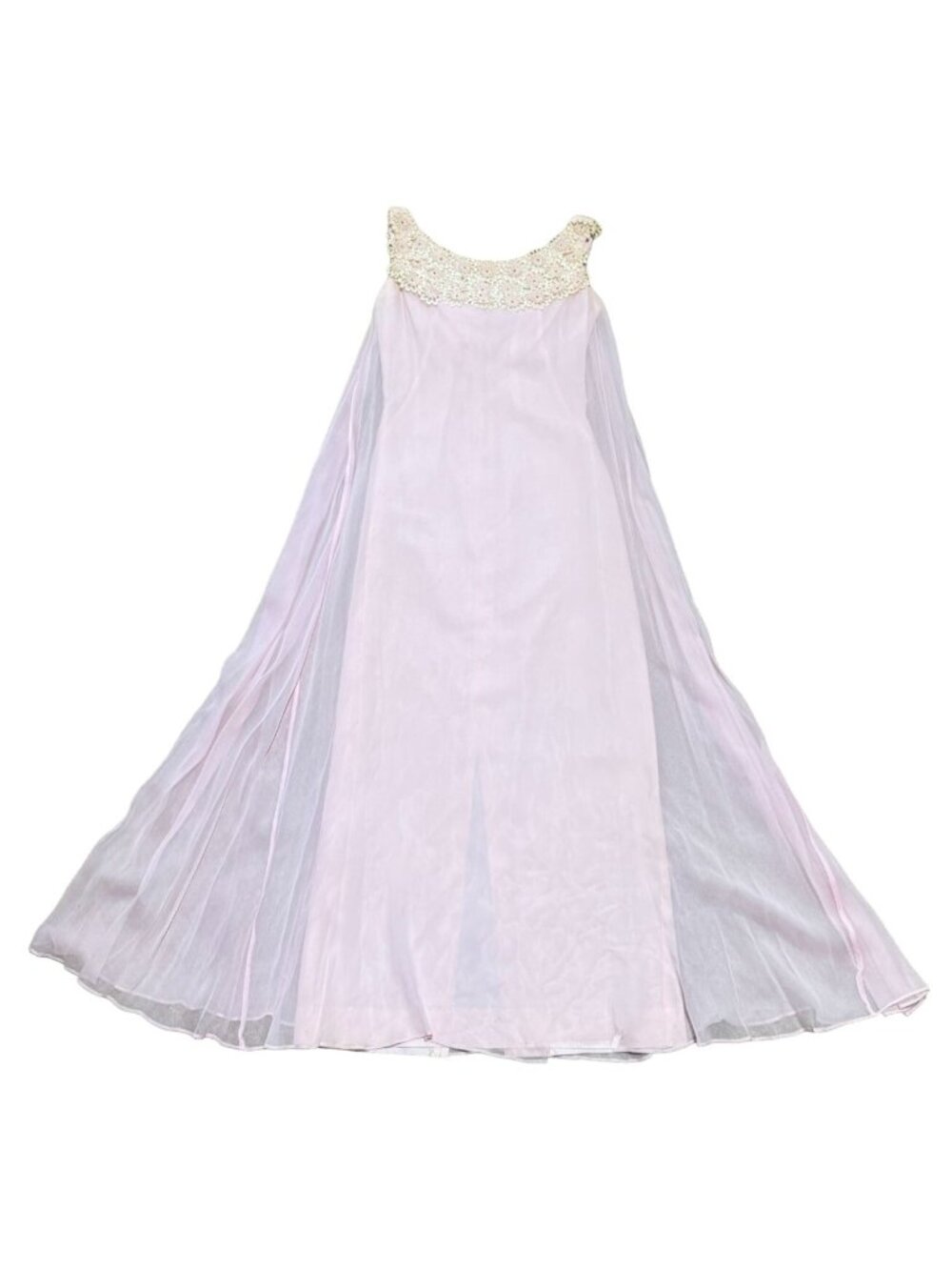 Vtg Nadine 1950s Pink Chiffon Taffeta Maxi Dress Sz S Embroidered Daisies Womens
